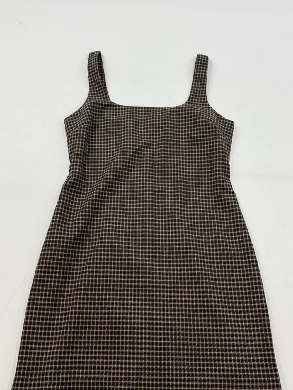 Square Neck Check Midi Dress in Brown and Cream